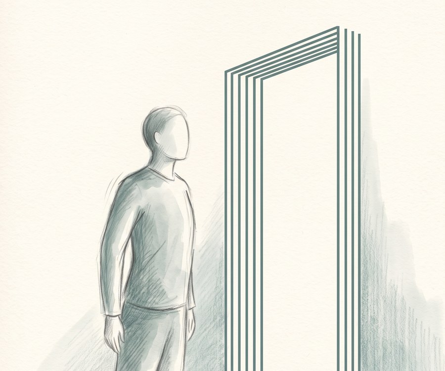 A figure standing in a doorway, body turned outwards, head turned back inside