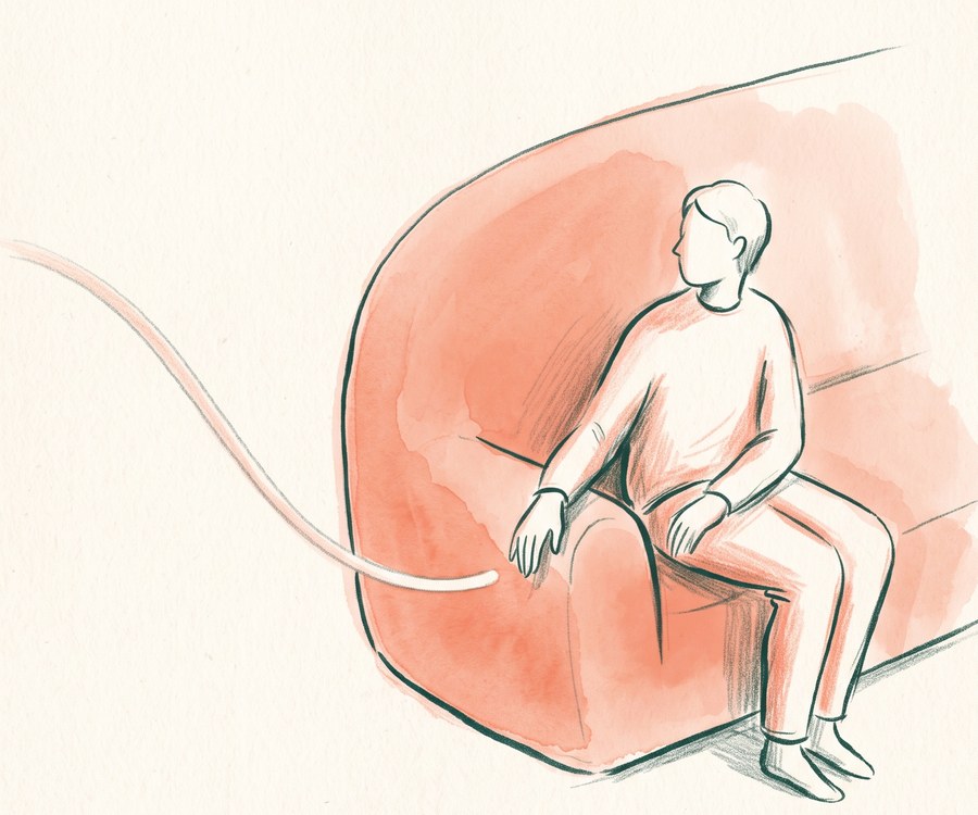 A figure sitting on the edge of a sofa, body turned inwards, head turned away, a line curving towards their hand