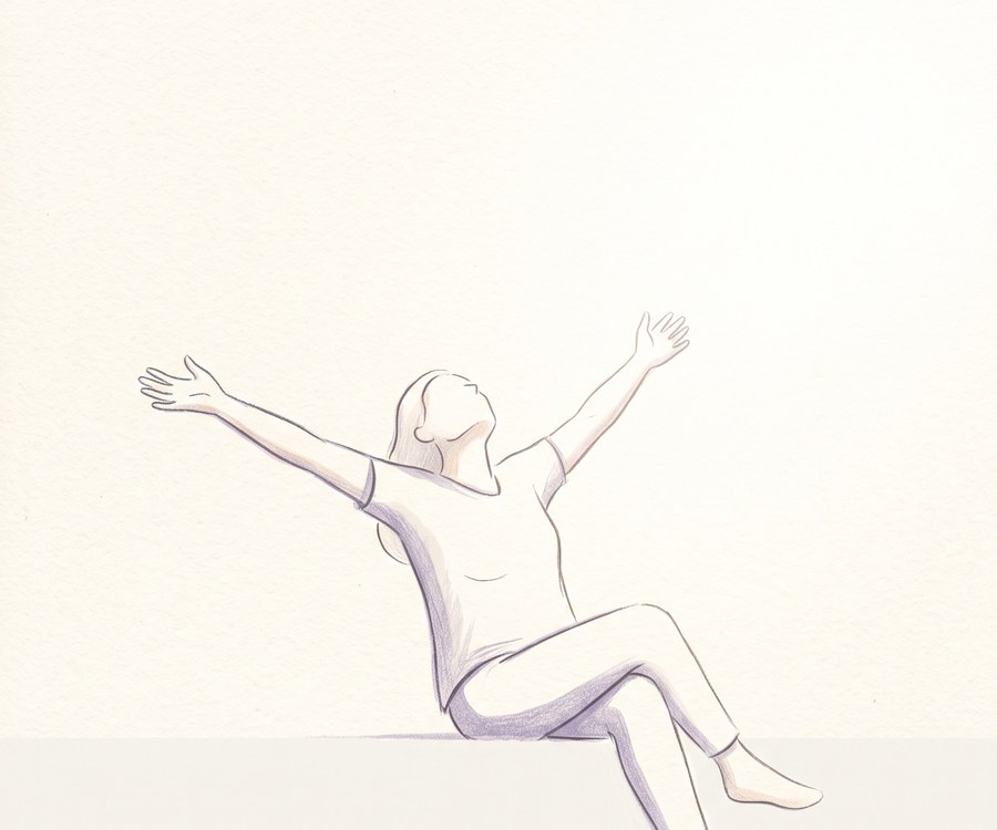 A figure sitting with arms outstretched, surrounded by open space